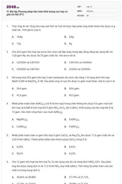 51 Bài tập Phương pháp bảo toàn khối lượng cực hay có giải chi tiết (P1)