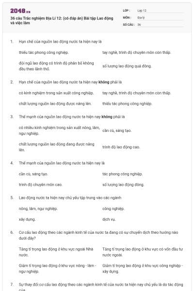 36 câu Trắc nghiệm Địa Lí 12: (có đáp án) Bài tập Lao động và việc làm