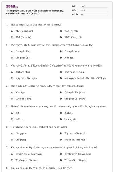 Trắc nghiệm Địa Lí 6 Bài 9: (có đáp án) Hiện tượng ngày, đêm dài ngắn theo mùa (phần 2)