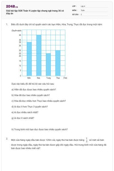 Giải bài tập SGK Toán 4 Luyện tập chung sgk trang 36 có đáp án