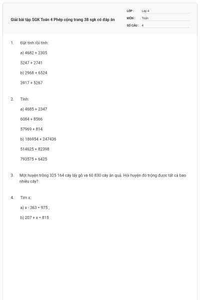 Giải bài tập SGK Toán 4 Phép cộng trang 38 sgk có đáp án