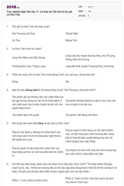 Trắc nghiệm Ngữ Văn lớp 11: (có đáp án) Vài nét về tác giả Lê Hữu Trác
