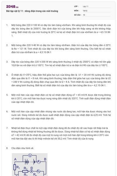 Bài tập vật lý 11 : dòng điện trong các môi trường