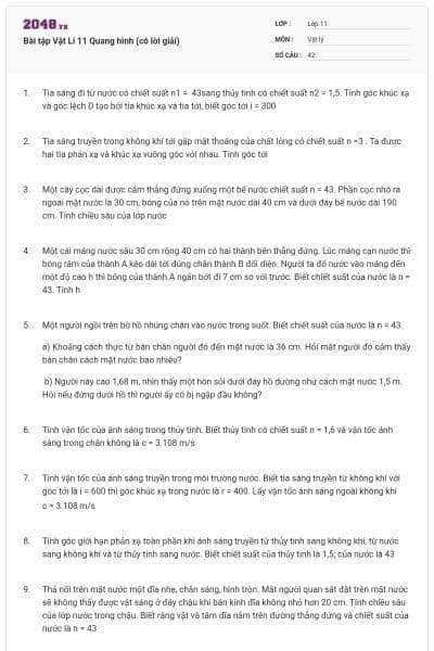 Bài tập Vật Lí 11 Quang hình (có lời giải)