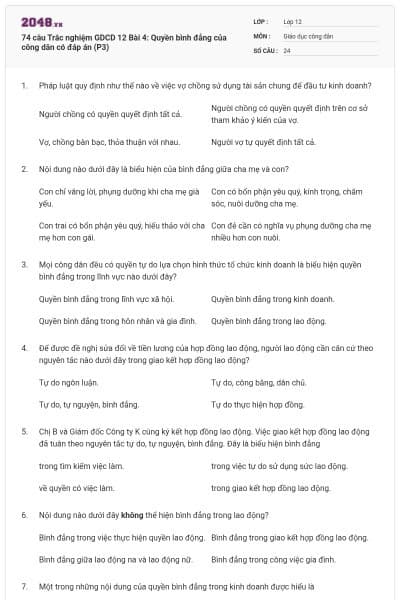 74 câu  Trắc nghiệm GDCD 12 Bài 4: Quyền bình đẳng của công dân có đáp án (P3)