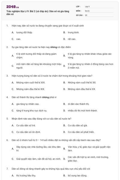Trắc nghiệm Địa Lí 9: Bài 2 (có đáp án): Dân số và gia tăng dân số