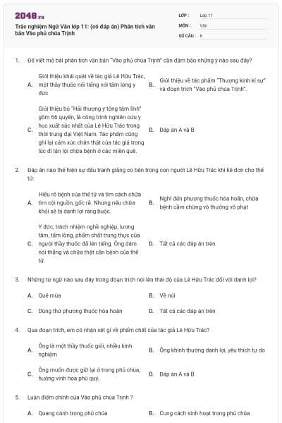 Trắc nghiệm Ngữ Văn lớp 11: (có đáp án) Phân tích văn bản Vào phủ chúa Trịnh