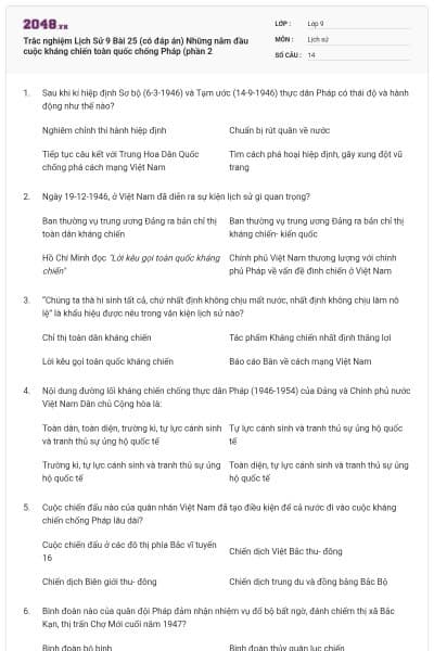 Trắc nghiệm Lịch Sử 9 Bài 25 (có đáp án) Những năm đầu cuộc kháng chiến toàn quốc chống Pháp (phần 2