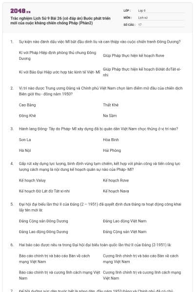 Trắc nghiệm Lịch Sử 9 Bài 26 (có đáp án) Bước phát triển mới của cuộc kháng chiến chống Pháp (Phần2)