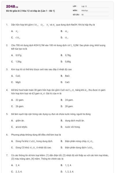 Đề thi giữa kì 2 Hóa 12 có đáp án (Lần 1 - Đề 1)