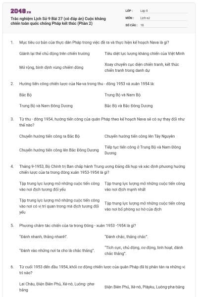 Trắc nghiệm Lịch Sử 9 Bài 27 (có đáp án) Cuộc kháng chiến toàn quốc chống Pháp kết thúc (Phần 2)