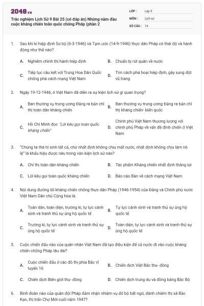 Trắc nghiệm Lịch Sử 9 Bài 25 (có đáp án) Những năm đầu cuộc kháng chiến toàn quốc chống Pháp (phần 2