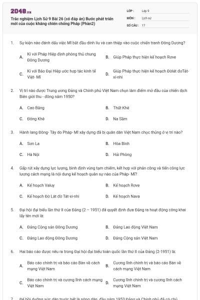 Trắc nghiệm Lịch Sử 9 Bài 26 (có đáp án) Bước phát triển mới của cuộc kháng chiến chống Pháp (Phần2)