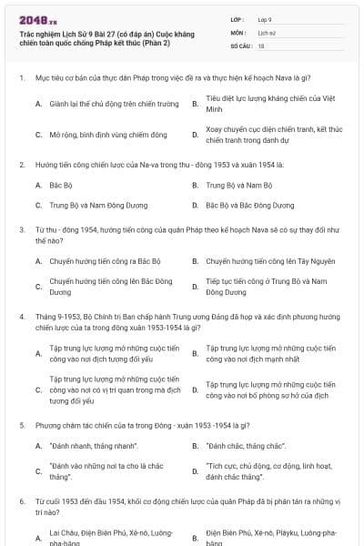 Trắc nghiệm Lịch Sử 9 Bài 27 (có đáp án) Cuộc kháng chiến toàn quốc chống Pháp kết thúc (Phần 2)