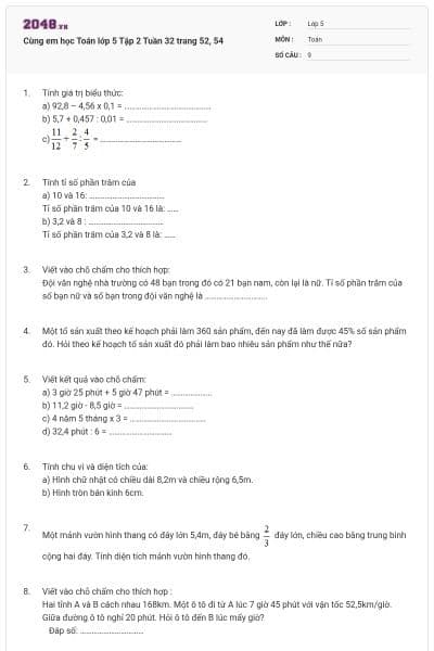 Cùng em học Toán lớp 5 Tập 2 Tuần 32 trang 52, 54
