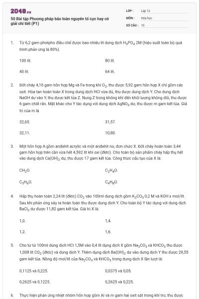 50 Bài tập Phương pháp bảo toàn nguyên tố cực hay có giải chi tiết (P1)