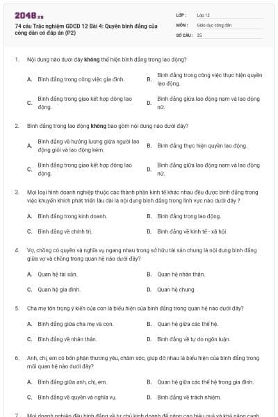 74 câu Trắc nghiệm GDCD 12 Bài 4: Quyền bình đẳng của công dân có đáp án (P2)