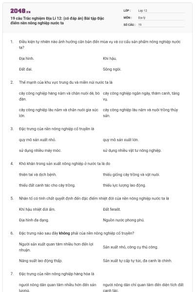 19 câu Trắc nghiệm Địa Lí 12: (có đáp án) Bài tập Đặc điểm nền nông nghiệp nước ta