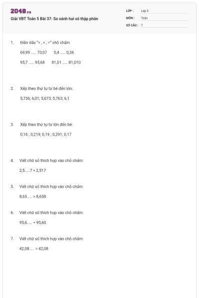 Giải VBT Toán 5 Bài 37: So sánh hai số thập phân