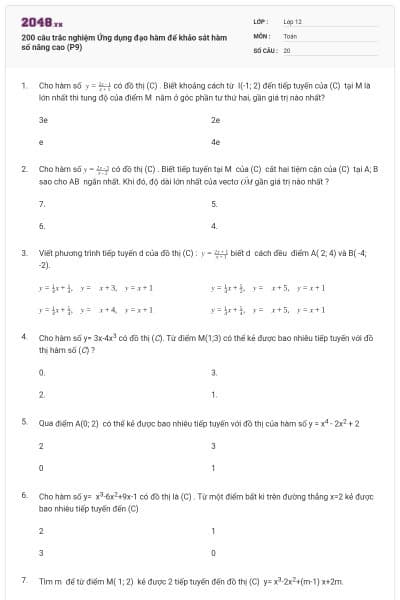 200 câu trắc nghiệm Ứng dụng đạo hàm để khảo sát hàm số nâng cao (P9)