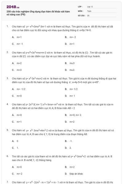 200 câu trắc nghiệm Ứng dụng đạo hàm để khảo sát hàm số nâng cao (P8)