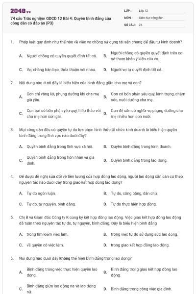 74 câu Trắc nghiệm GDCD 12 Bài 4: Quyền bình đẳng của công dân có đáp án (P3)