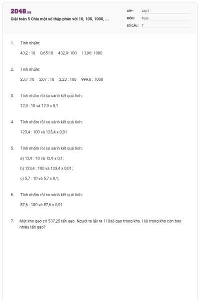 Giải toán 5 Chia một số thập phân với 10, 100, 1000, ...