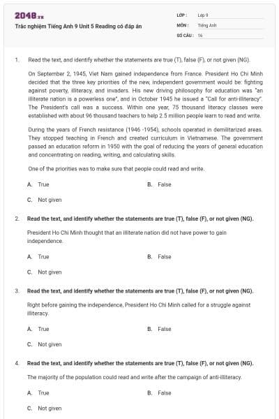 Trắc nghiệm Tiếng Anh 9 Unit 5 Reading có đáp án
