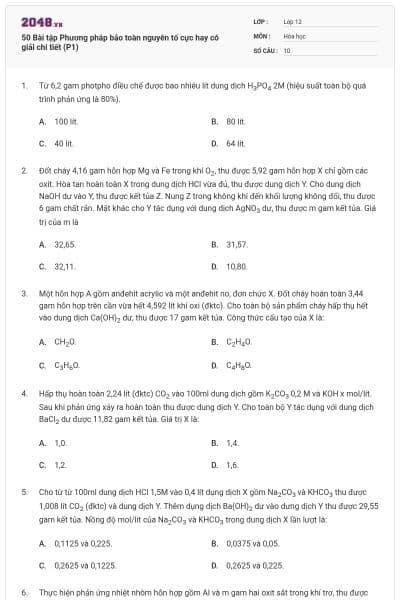 50 Bài tập Phương pháp bảo toàn nguyên tố cực hay có giải chi tiết (P1)