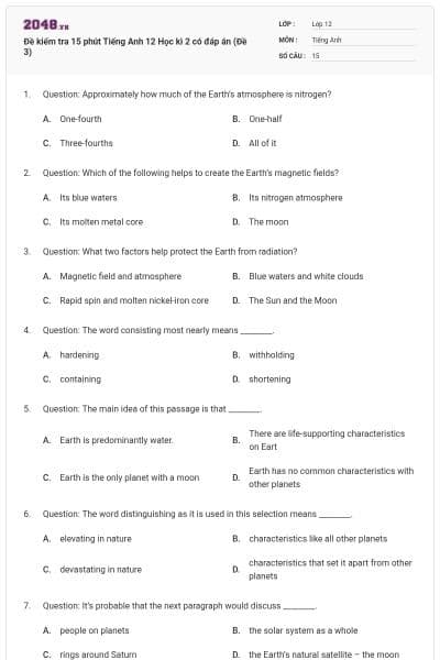 Đề kiểm tra 15 phút Tiếng Anh 12 Học kì 2 có đáp án (Đề 3)