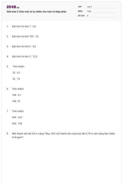 Giải toán 5 Chia một số tự nhiên cho một số thập phân