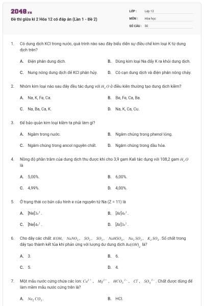 Đề thi giữa kì 2 Hóa 12 có đáp án (Lần 1 - Đề 2)
