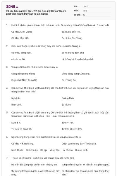 29 câu Trắc nghiệm Địa Lí 12: (có đáp án) Bài tập Vấn đề phát triển ngành thủy sản và lâm nghiệp