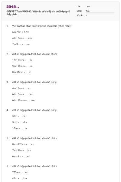 Giải VBT Toán 5 Bài 40: Viết các số đo độ dài dưới dạng số thập phân