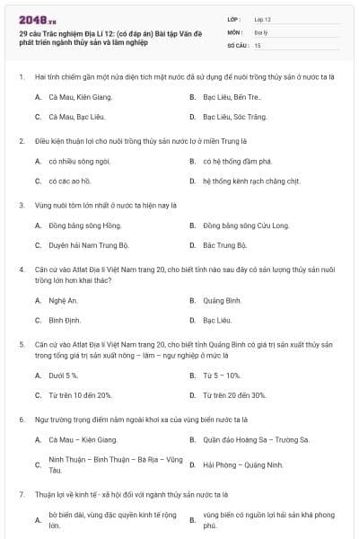 29 câu Trắc nghiệm Địa Lí 12: (có đáp án) Bài tập Vấn đề phát triển ngành thủy sản và lâm nghiệp