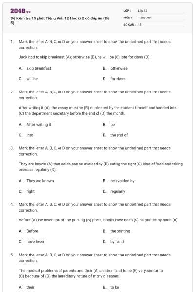 Đề kiểm tra 15 phút Tiếng Anh 12 Học kì 2 có đáp án (Đề 5)