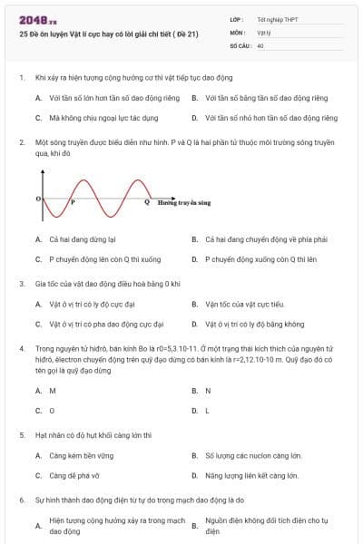 25 Đề ôn luyện Vật lí cực hay có lời giải chi tiết ( Đề 21)