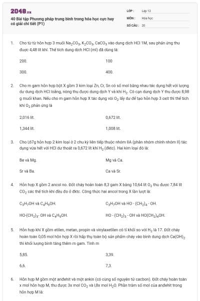 40 Bài tập Phương pháp trung bình trong hóa học cực hay có giải chi tiết (P1)