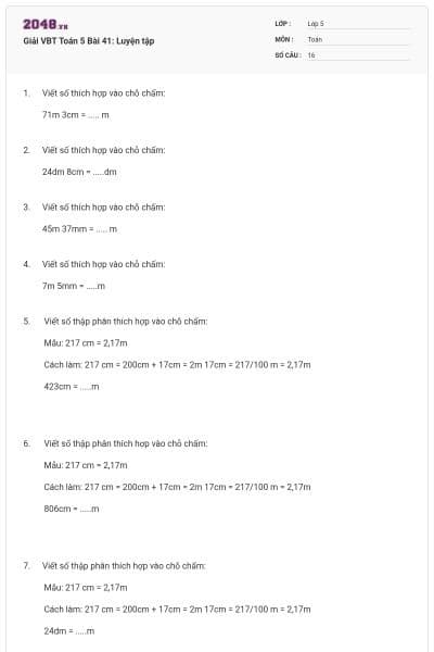 Giải VBT Toán 5 Bài 41: Luyện tập