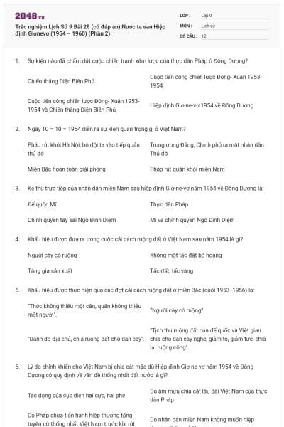 Trắc nghiệm Lịch Sử 9 Bài 28 (có đáp án) Nước ta sau Hiệp định Giơnevơ (1954 – 1960) (Phần 2)