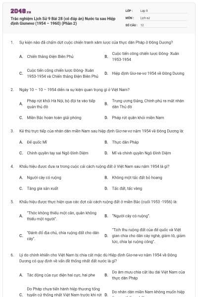 Trắc nghiệm Lịch Sử 9 Bài 28 (có đáp án) Nước ta sau Hiệp định Giơnevơ (1954 – 1960) (Phần 2)