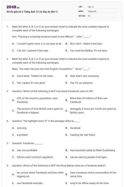 Đề thi giữa kì 2 Tiếng Anh 12 có đáp án (Đề 1)