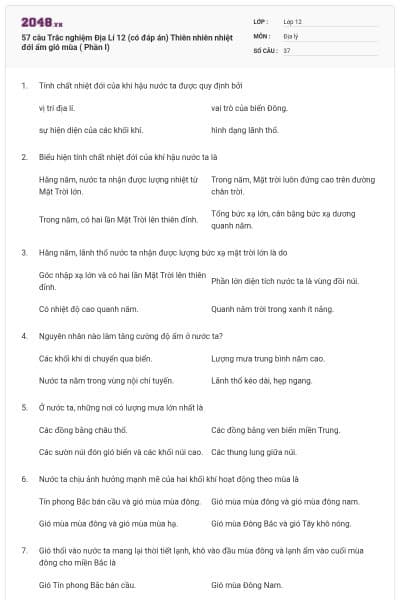 57 câu Trắc nghiệm Địa Lí 12 (có đáp án) Thiên nhiên nhiệt đới ẩm gió mùa ( Phần I)