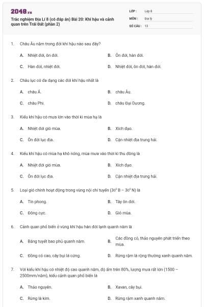 Trắc nghiệm Địa Lí 8 (có đáp án) Bài 20: Khí hậu và cảnh quan trên Trái Đất (phần 2)
