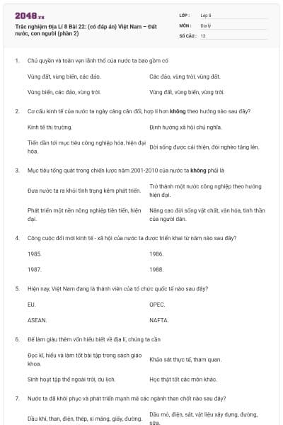 Trắc nghiệm Địa Lí 8 Bài 22: (có đáp án) Việt Nam – Đất nước, con người (phần 2)