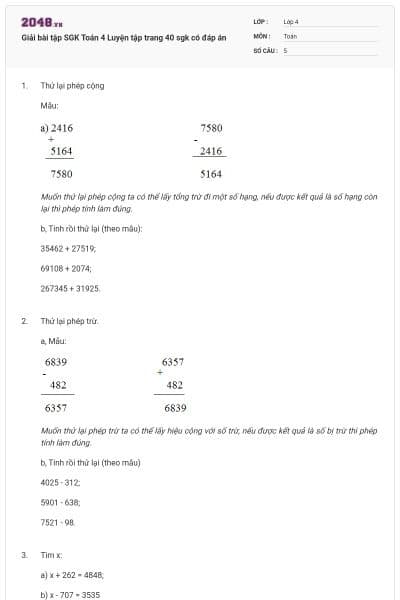 Giải bài tập SGK Toán 4 Luyện tập trang 40 sgk có đáp án