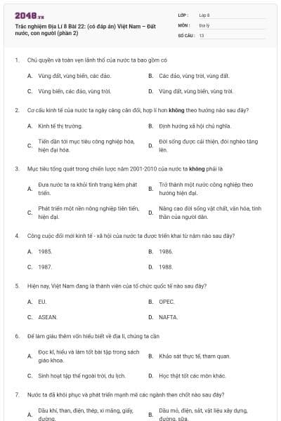 Trắc nghiệm Địa Lí 8 Bài 22: (có đáp án) Việt Nam – Đất nước, con người (phần 2)