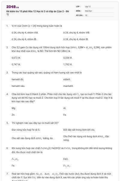 Đề kiểm tra 15 phút Hóa 12 Học kì 2 có đáp án (Lần 2 - Đề 1)