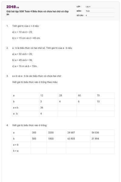 Giải bài tập SGK Toán 4 Biểu thức có chứa hai chữ có đáp án