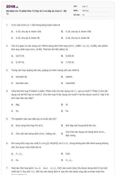 Đề kiểm tra 15 phút Hóa 12 Học kì 2 có đáp án (Lần 2 - Đề 1)